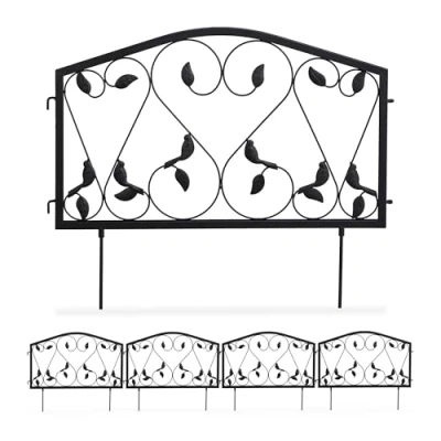 Abbildung von Relaxdays Beetzaun, 4 teilige Beetumrandung für Garten, Steckzaun Eisen, antik, Blätter Design, HxB 33 x 225 cm, schwarz