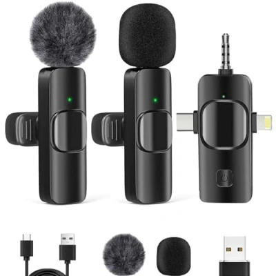 Abbildung von Kinizuxi 4 in 1 Kabelloses Lavalier Mikrofon für iPhone Android Kamera Laptop, 2,4 GHz Plug &amp; Play Handy Ansteckmikrofon Videoaufzeichnung,Live Streaming,YouTube,TikTok,Vlog,Interview