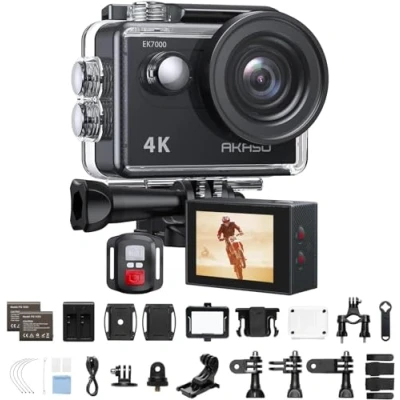 Abbildung von AKASO Action Cam,4K30FPS 20MP WiFi Unterwasserkamera 170Ultra Weitwinkel Full HD Kamera mit 2 Zoll LCD Bildschirm 2.4G Fernbedienung und 2x1050mAh Akkus EK7000 Schwarz