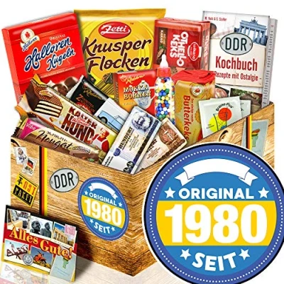 Abbildung von Original seit 1980 Süßigkeitenbox mit DDR Waren Geschenk Geburtstag