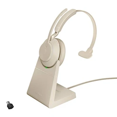 Abbildung von Jabra Evolve2 65 Wireless PC Headset With Charging Stand Noise Cancelling UC Certified Mono Headphones Long Lasting Battery USB C Bluetooth Adapter Beige