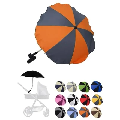 Abbildung von Sonnenschutz universal [Sonnenschirm für Kinderwagen] Buggy UV Schutz 50+ mit Universalhalterung biegsamer Schirm Rund und Ovalrohre verstellbar (grau orange)