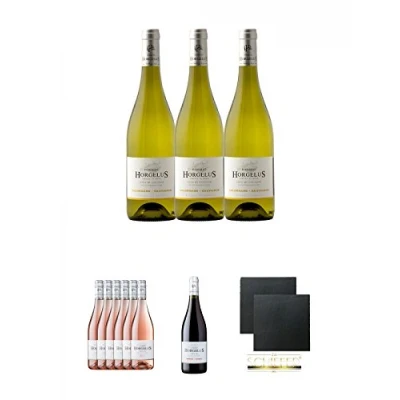 Abbildung von Domaine Horgelus Blanc 3 x 0,75 Liter + Roséwein Merlot Rotwein Schiefer Glasuntersetzer eckig ca. 9,5 cm Ø 2 Stück