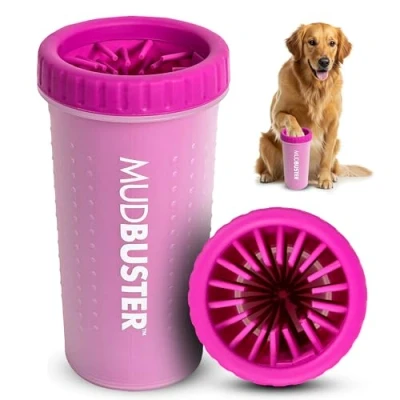Abbildung von Dexas MudBuster Pfotenreiniger für Hunde, tragbar, Haustierbedarf und Zubehör, Größe L, Fuchsienfarbe