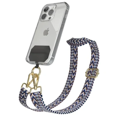 Abbildung von EAZY CASE Handykette Universal zum Umhängen kompatibel mit jedem Handy Kette Hülle kombinierbar Handykordel Karabiner für Handyhülle Handyband Bunt Boho Kordel Blau Weiß Gold