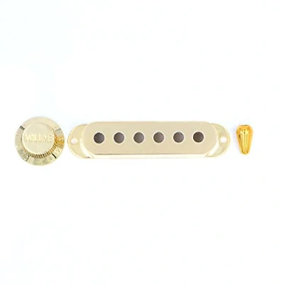 Abbildung von Alnicov Gitarren Tonabnehmerabdeckungen, 6 Löcher, Einzelspulenschalter, Spitzenhalter, 2 T1V Drehknöpfe, Set für Strat ST E Gitarre, goldfarben
