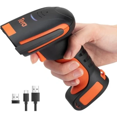 Abbildung von Tera Wireless Barcode Scanner 1D Laser Barcodeleser Bluetooth 2,4GHz Kabellos USB Handscanner mit Halterung Ständer, L8100