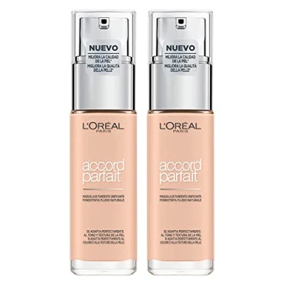 Abbildung von L&#039;Oréal Paris Accord Parfait Foundation, flüssig, ultraleicht, feuchtigkeitsspendend, mit Hyaluronsäure, Farbe 1R / 1C, Ivory Rose, 2 Kosmetika