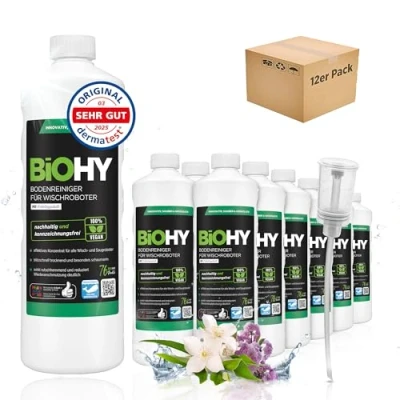 Abbildung von BiOHY Bodenreiniger für alle Wischroboter mit Frühlingsduft (12 x 1 Liter) + Dosierer Schaumarm &amp; Streifenfrei Reinigungsmittel Konzentrat Böden