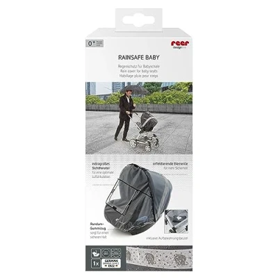 Abbildung von reer DesignLine RainSafe Regenschutz für Babyschale, gute Luftzirkulation, mit Reflektor Elementen und Aufbewahrungstasche, Babyschale