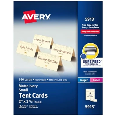 Abbildung von AVERY Bedruckbare kleine Zeltkarten mit Sure Feed Technologie, 5,1 x 8,9 cm, Elfenbein, 160 leere Tischkarten für Laser oder Tintenstrahldrucker (05913)