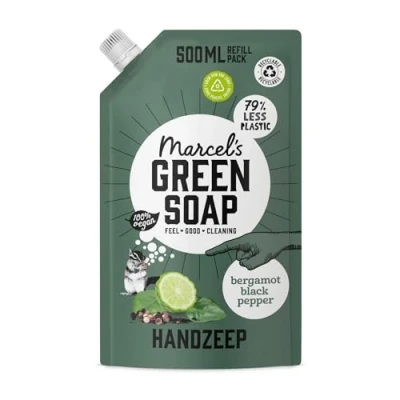 Abbildung von Marcel&#039;s Green Soap Handseife Nachfüllung Schwarzer Pfeffer &amp; Bergamotte Mikroplastik freie Formel Nachfüllpack 99% biologisch abbaubar Vegan