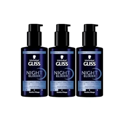 Abbildung von Gliss Night Elixier Aqua Revive (3x 100 ml), Haarserum versorgt normales bis trockenes Haar im Schlaf mit Feuchtigkeit, Haarpflege repariert das langanhaltend