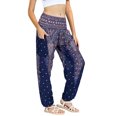 Abbildung von Lofbaz Damen Haremshose Yogahose Pumphose Hippie Hose Boho Kleidung Festival Outfit Sommerhose Leicht Sommer Hosen Peacock 1 Dunkelblau L