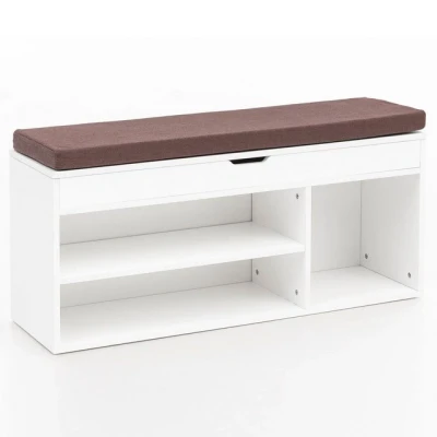 Abbildung von FineBuy Schuhbank mit Sitzfläche Garderoben Bank Holz 104x51x32 cm, Holzbank klein gepolstert, Sitzbank schmal Flur Stauraum, Truhenbank Schuhtruhe Flurmöbel