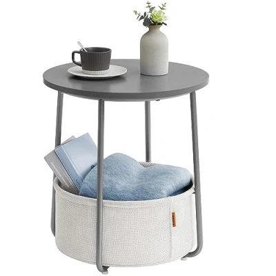 Abbildung von VASAGLE Beistelltisch rund, Kleiner Tisch, Couchtisch klein, Wohnzimmertisch, Korb aus Stoff, Stauraum für Wohnzimmer Schlafzimmer, Nachttisch modern, zementgrau cremeweiß LET223G49