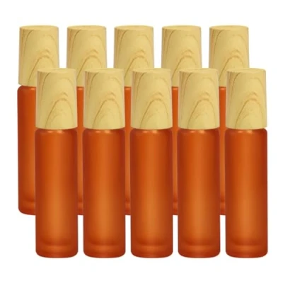 Abbildung von Enenes Ätherische Öle Roller Flaschen 10 Stück 10ml Anti UV Schwarzglasflaschen mit Holzdeckel &amp; Edelstahl Ball Öle(Orange)