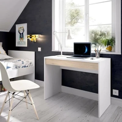 Abbildung von Dmora Forato, platzsparender Mehrzweck Schreibtisch, linearer Studientisch mit 1 Schublade, 90 x 50 74 cm, Weiß und Eiche