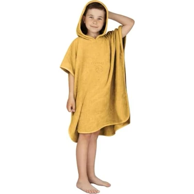 Abbildung von normani Kinder Badeponcho Strandponcho Handtuch Poncho aus 100% natürlicher Bio Baumwolle Cape Badetuch mit Kapuze für Jungen und Mädchen ab 2 Jahren Farbe Gelb Größe 75 x 90 cm