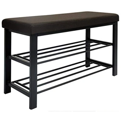 Abbildung von DuneDesign Schuhregal 81x32x46 cm offener Schuhschrank mit 2 Böden stabile Sitzbank Schuhbank aus Metall gepolsterte Leinen Sitzfläche Dunkel Braun