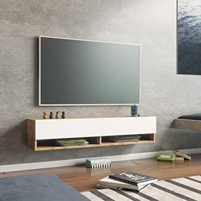 Abbildung von [en.casa] TV Board Laitila Schrank mit 2 Ablagen Schranktüren Lowboard Fernsehtisch 140 x 31,5 29,5 cm Sideboard hängend Eiche rustikal/Weiß