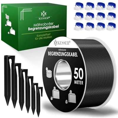 Abbildung von KESSER® Begrenzungskabel 50m + 200 Erdspieße 12 Kabelverbinder für Mähroboter Rasenmäher Rasenroboter Zubehör Set Begrenzungsdraht Universal kompatibel mit Gardena/Bosch/Worx/Honda/ROBOMOW