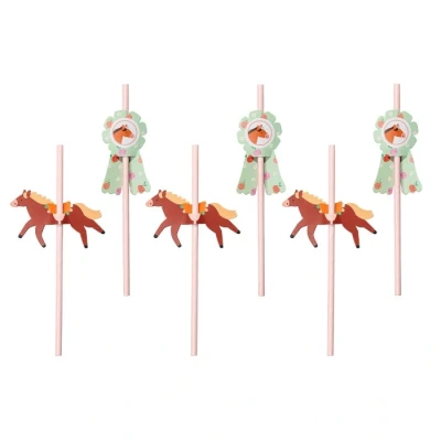 Abbildung von partydeco Trinkhalme, Papierstrohhalme 19cm mit Pferde Topper 6er Set Pink / Braun Grün