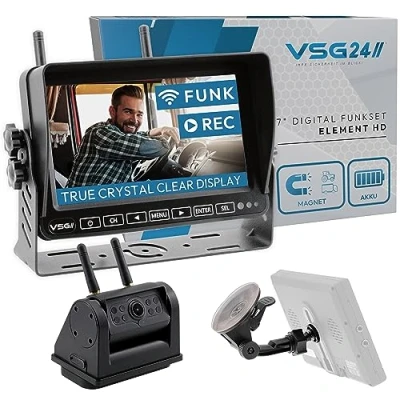 Abbildung von VSG24 7“ Element HD Funk Rückfahrsystem Akku Magnet für Wohnmobil &amp; LKW, KFZ Set Rückfahrkamera kabellos + Monitor DIY Nachrüsten 12V 24V Kamera digital Auto Rückspiegel Pferdeanhänger Dashcam