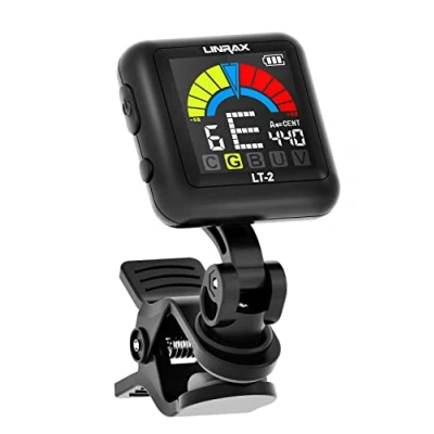 Abbildung von Linrax LT 2 Gitarre Stimmgerät Wiederaufladbar, Clip On Tuner für Bass, Ukulele, Violine, Banjo, Mandoline, Chromatisches Stimmer mit LCD Farbdisplay, Digital Stimmgerät, Gitarren Zubehör, Schwarz