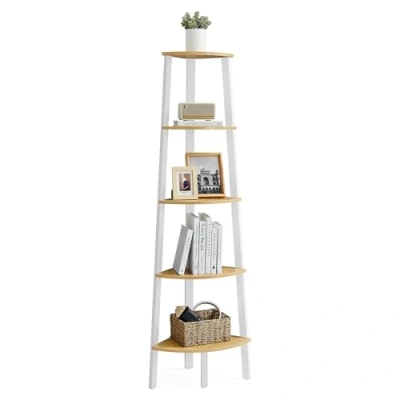 Abbildung von VASAGLE Eckregal, Bücherregal mit 5 Ebenen, Leiterregal, Aufbewahrungsregal, Pflanzenregal für Wohnzimmer, Industrial Design, Stahlrahmen, natureichenfarben mattweiß LLS035Y01