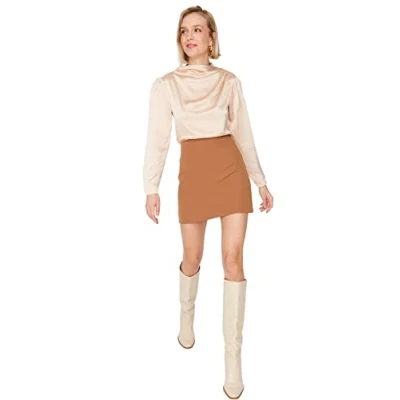 Abbildung von TRENDYOL Damen Mini A Linie Straight Webstoff Rock Skirt, Camel, 40