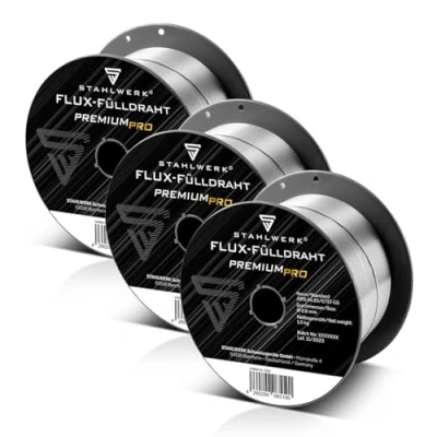Abbildung von STAHLWERK Schweißdraht 3 x 0,8 mm MIG MAG Fülldraht D100 Drahtrolle 1 kg, (Packung), Premium FLUX Stahl Zusatzwerkstoff auf Spule