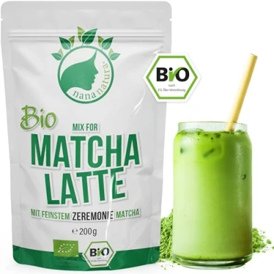 Abbildung von NanaNatura&#039;s Bio Matcha Latte Mix Pulver mit 22% echtem Zeremonie aus Japan für leckeren Tee Genuß
