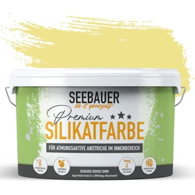 Abbildung von SEEBAUER diy Silikatfarbe Gelb 5L für Innen (No. 455 Lemon Soda) Atmungsaktive Mineralfarbe Allergiker Abwaschbare Wandfarbe Gelbtöne hohe Deckkraft