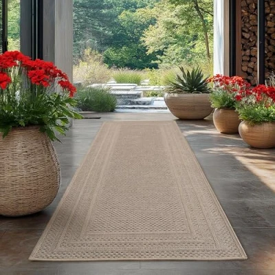Abbildung von Carpetsale24 Outdoor Teppich Beige 80x250 cm Läufer, Wetterfest &amp; UV beständig, ideal für Küche, Balkon, Terrasse auch Wohnzimmer und Esszimmer, Einfarbiges Design mit Bordüre, Leicht zu Reinigen