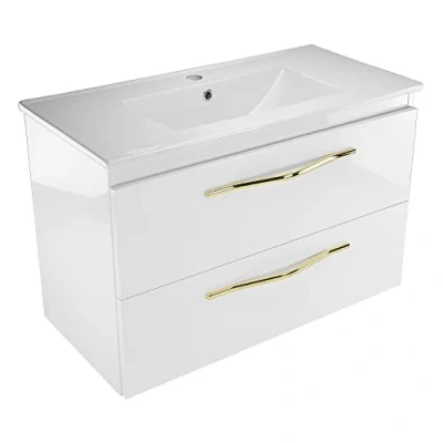 Abbildung von paplinskimoebel Girona Badezimmer 81 x 40 53,5 cm, Badmöbel Unterschrank Waschbecken + Waschtisch in Weiß Hochglanz, und Schrank Set,Soft Close System (Mineralguss) (Keramik)