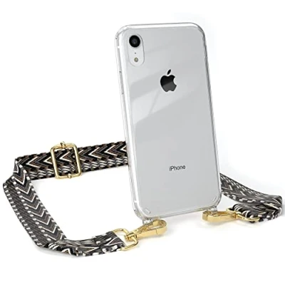 Abbildung von EAZY CASE Handykette Verstellbarer Gurt kompatibel mit iPhone XR, Schulterriemen, Flache Kordel, Handykordel Hülle, Hülle Kette, Grau/Schwarz Metall Gold