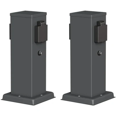 Abbildung von ledscom.de 2 Stück Garten Steckdosensäule Polly für außen, IP44, Dämmerungssensor, Fach, Edelstahl, anthrazit, eckig, 27 cm