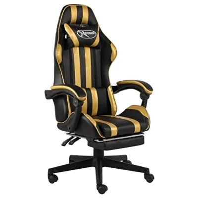 Abbildung von vidaXL Gaming Stuhl mit Fußstütze Höhenverstellbar Schreibtischstuhl Bürostuhl Chefsessel Drehstuhl Racing Sportsitz Schwarz Golden Kunstleder