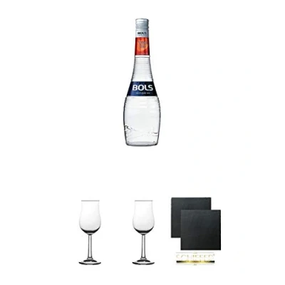 Abbildung von Bols Curacao Triple Sec Holland 0,7 Liter + 2 Bugatti Nosing Gläser mit Eichstrich 2cl und 4 cl Schiefer Glasuntersetzer eckig ca. 9,5 cm Ø