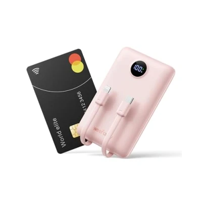 Abbildung von WeeFancy Power Bank 10000mAh Powerbank Klein PD 22,5W Mini mit integrierten Kabeln USB C Externe Handyakkus 3 Ausgänge &amp; Eingänge Kompatibel iPhone/Samsung/Huawei/Xiaomi/OnePlus (Rosa)
