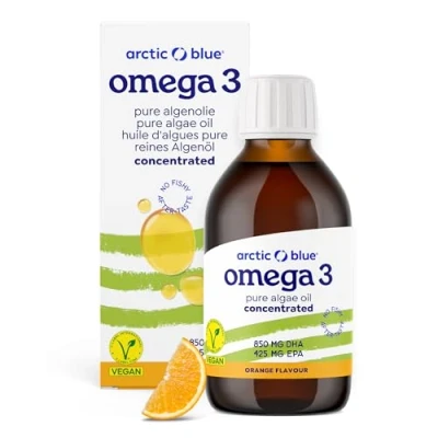 Abbildung von Arctic Blue Veganes Premium Omega 3 Algenöl 150 ml 800 mg DHA &amp; 400 EPA pro Portion hochdosiert, vegan flüssig Orangengeschmack nachhaltig produziert