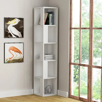 Abbildung von HOCUS PICUS Modern Piano Eck Bücherregal mit 5 Ebenen Platzsparendes Holzregal für Wohnzimmer, Büro und Schlafzimmer 31,4 x 158,9 cm Weiß