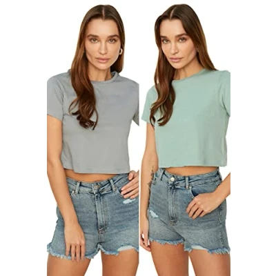 Abbildung von Trendyol Damen Beg 100% Baumwolle Runder Halsband 2 Packung Crop Gestricktes T shirt Shirt, Gray, M EU