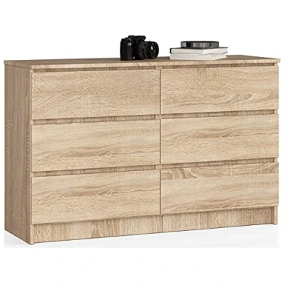 Abbildung von AKORD Kommode K 140 mit 6 (2 x 3) Schubladen für das Wohnzimmer Schlafzimmer Schrank Büro Arbeitszimmer Modernes Funktionales Design B138 H77 T40 cm, Gewicht 51kg Sonoma Eiche