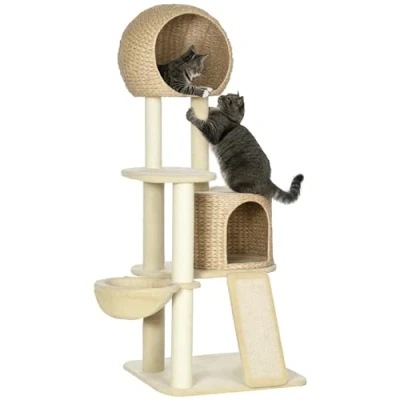 Abbildung von PawHut Kratzbaum Katzenbaum mit Katzenhaus, Katzenkratzbaum, Plüsch, Beige, 60B x 60T 150H cm
