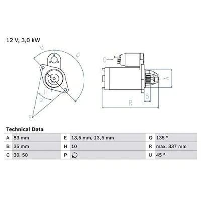 Abbildung von BOSCH 0 986 012 420 Anlasser 12V 3kW 10 50, 30 links 83mm