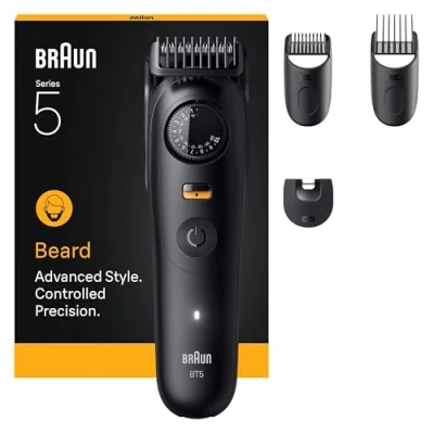Abbildung von Braun Barttrimmer Series 5, +4 Zubehörteile, ultrascharfe Klinge, 120 Min Akkulaufzeit, 40 Längeneinstellungen, Wasserdicht, Präzisionsrad &amp; Feststelltaste, BT5520, Schwarz