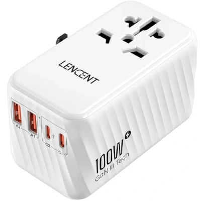 Abbildung von LENCENT Internationaler Reiseadapter, 100W GaN3 Universeller Adapter mit 2 PD3.0 Type C+2 QC USB A, Weltweit für Handys, All in One Reisestecker EU/USA/UK/AU Steckdosen, Weiß