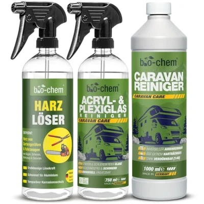 Abbildung von bio chem Caravanpflege Set 3 teilig 1x 1000 ml Caravan Reiniger + 750 Acryl und Plexiglasreiniger Harzlöser für Wohnmobil, Wohnwagen, Caravan, Anhänger, Vorzelt u.v.m.